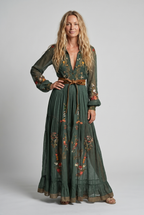 Embroidered bohemian maxi dress with V-neck, long sleeves, and waist tie belt in green