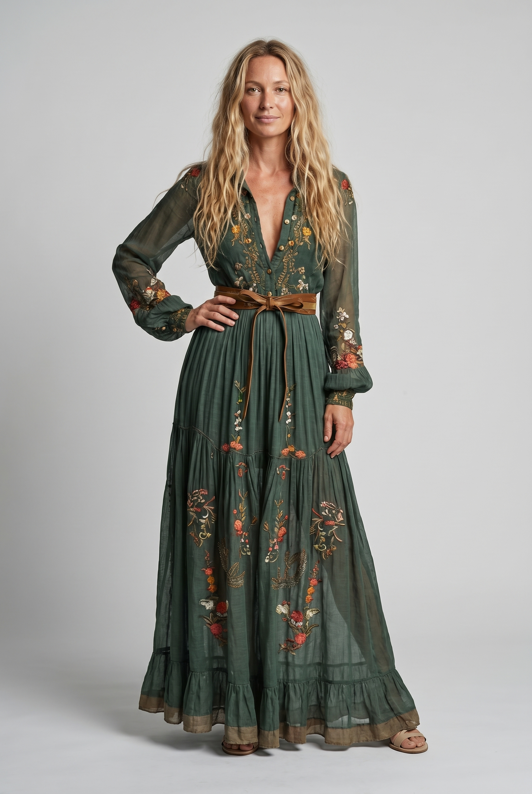Embroidered bohemian maxi dress with V-neck, long sleeves, and waist tie belt in green