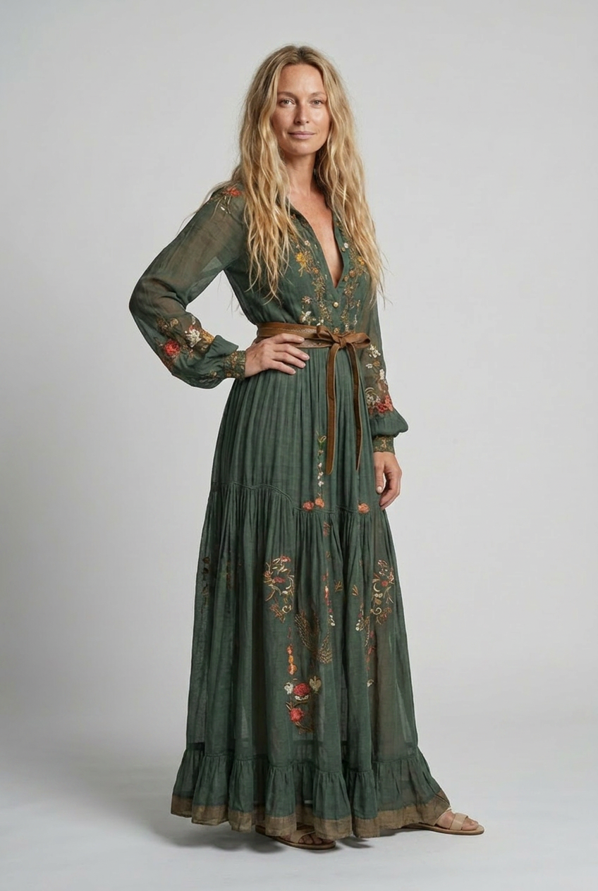 Embroidered bohemian maxi dress with V-neck and long sleeves, green with floral accents