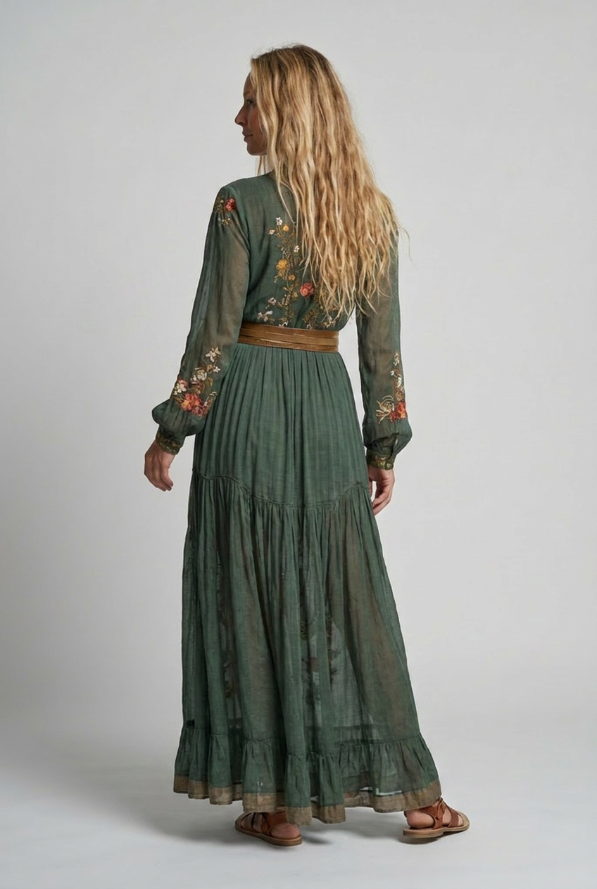 Embroidered bohemian maxi dress, back view, long sleeves and tiered skirt in green