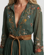 Embroidered V-neck maxi dress bodice with buttons and waist tie belt in green