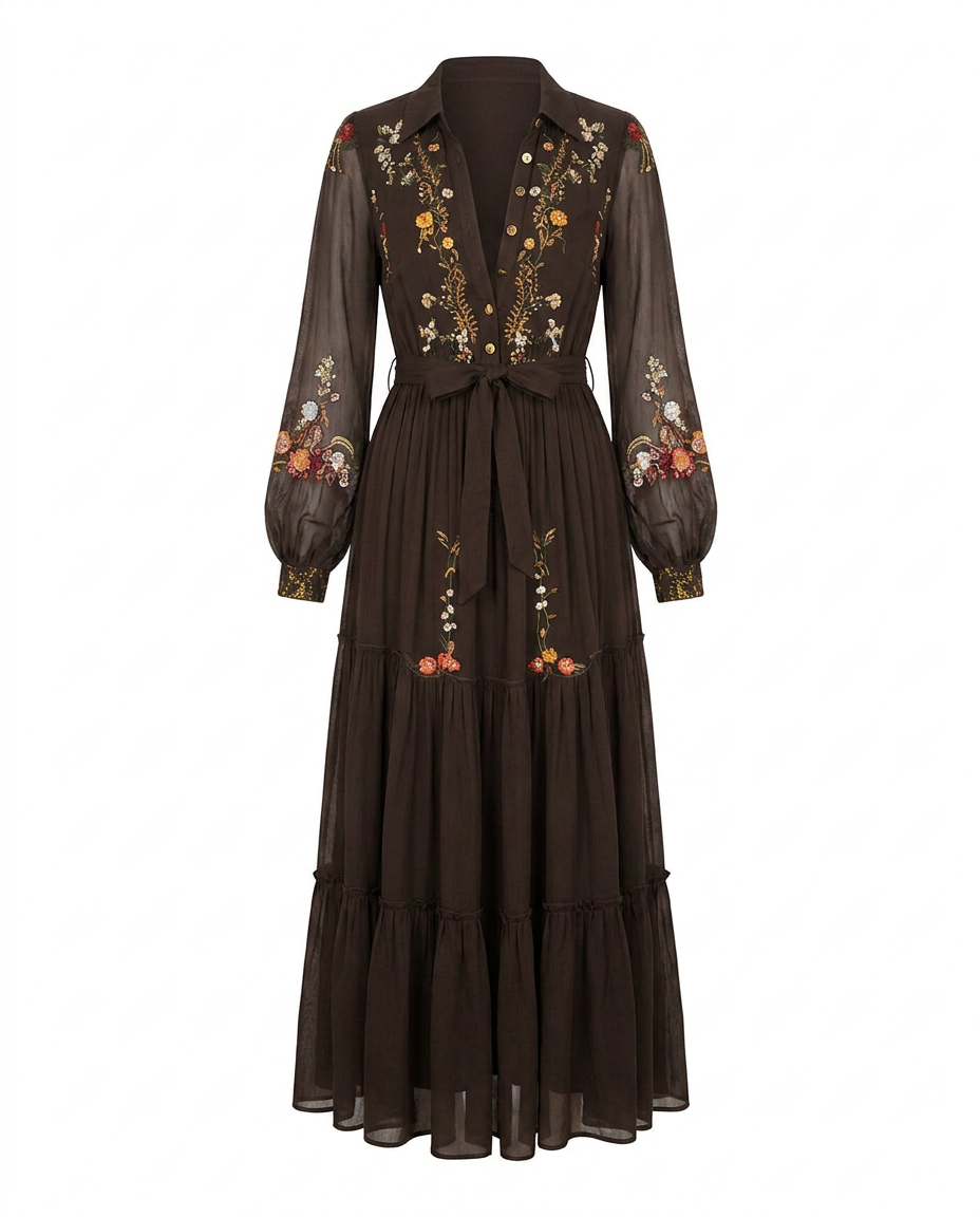 Embroidered maxi dress front view with V-neck, long sleeves, and waist tie belt in dark brown
