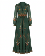 Embroidered maxi dress front view with V-neck, long sleeves, and waist tie belt in green