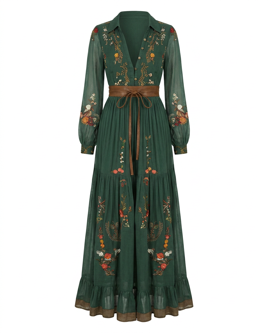 Embroidered maxi dress front view with V-neck, long sleeves, and waist tie belt in green