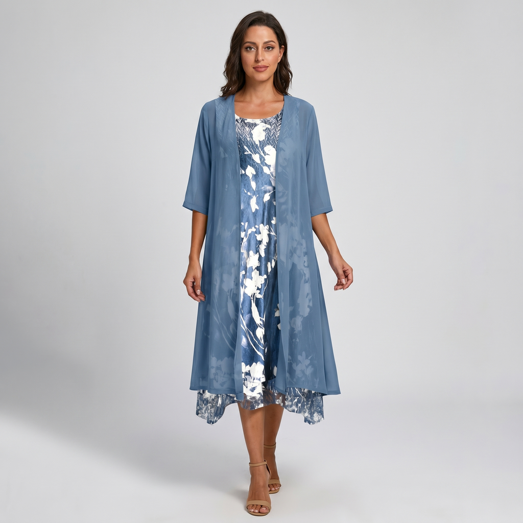Blue open-front midi layered dress, floral print underlayer, 3/4 sleeves
