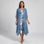 Blue open-front midi layered dress, floral print underlayer, 3/4 sleeves