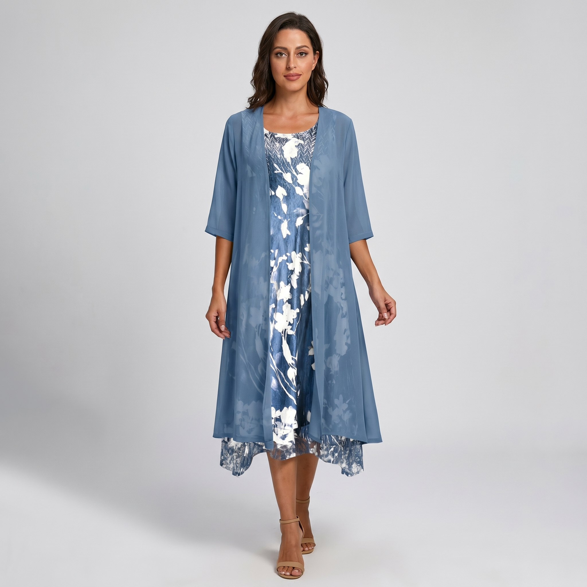 Blue open-front midi layered dress, floral print underlayer, 3/4 sleeves