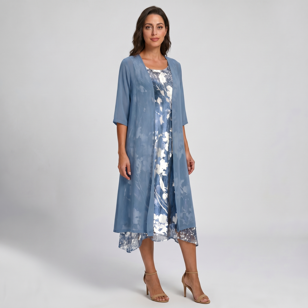 Blue open-front midi layered dress, floral print underlayer, draped hem