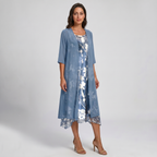 Blue open-front midi layered dress, floral print underlayer, draped hem