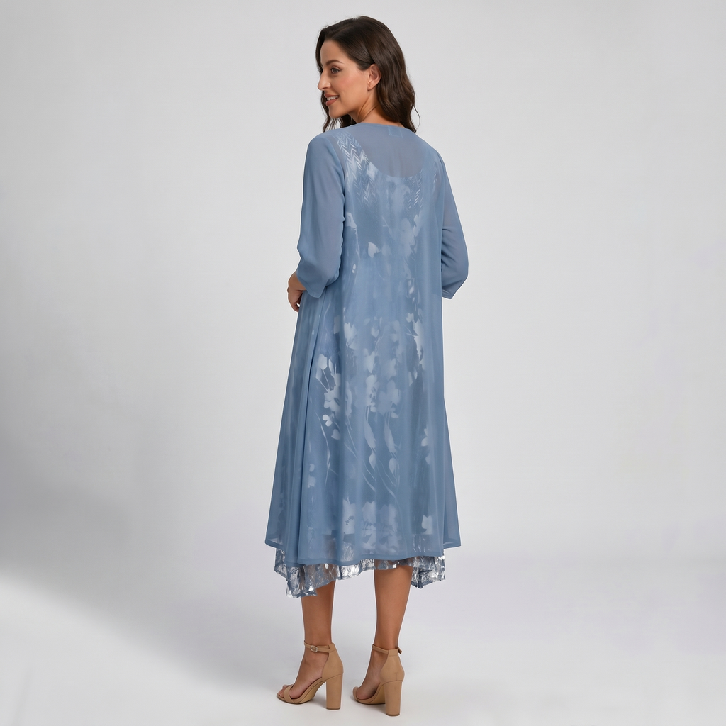 Blue open-front midi layered dress, back view, floral print underlayer