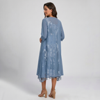Blue open-front midi layered dress, back view, floral print underlayer