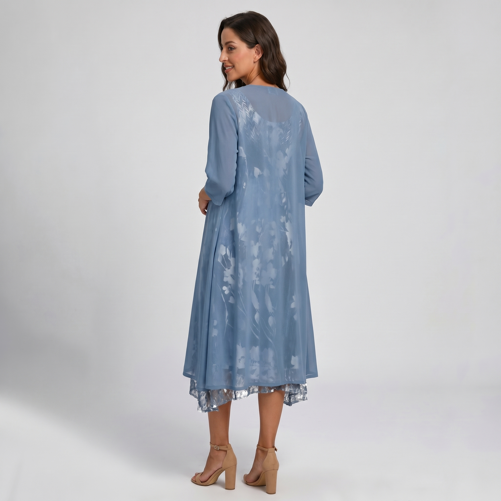 Blue open-front midi layered dress, back view, floral print underlayer
