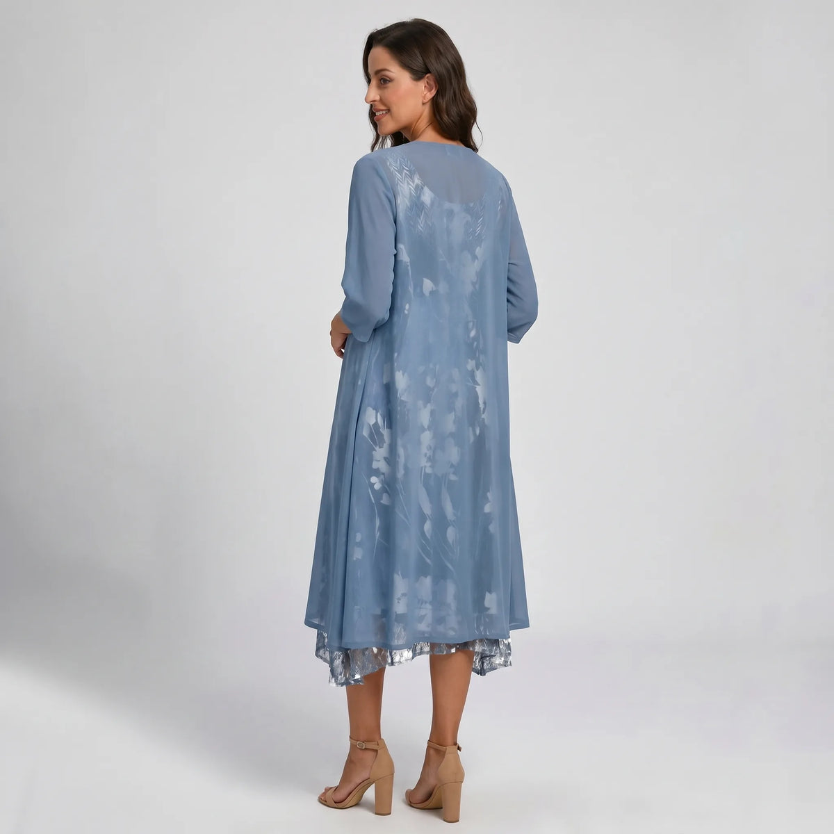Blue layered midi dress with sheer open-front duster, back view
