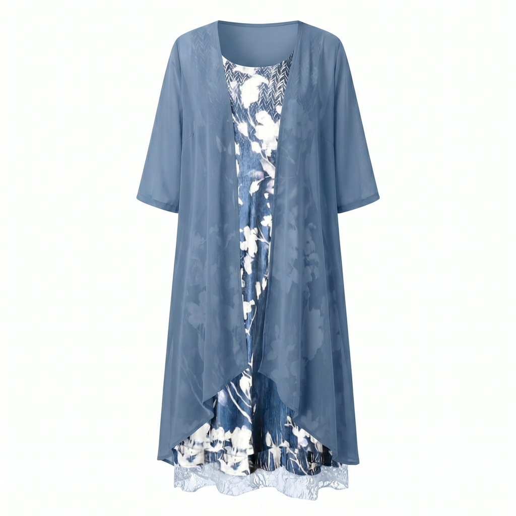 Blue layered open-front midi dress with floral print underlayer, draped hemline