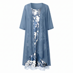 Blue layered open-front midi dress with floral print underlayer, draped hemline