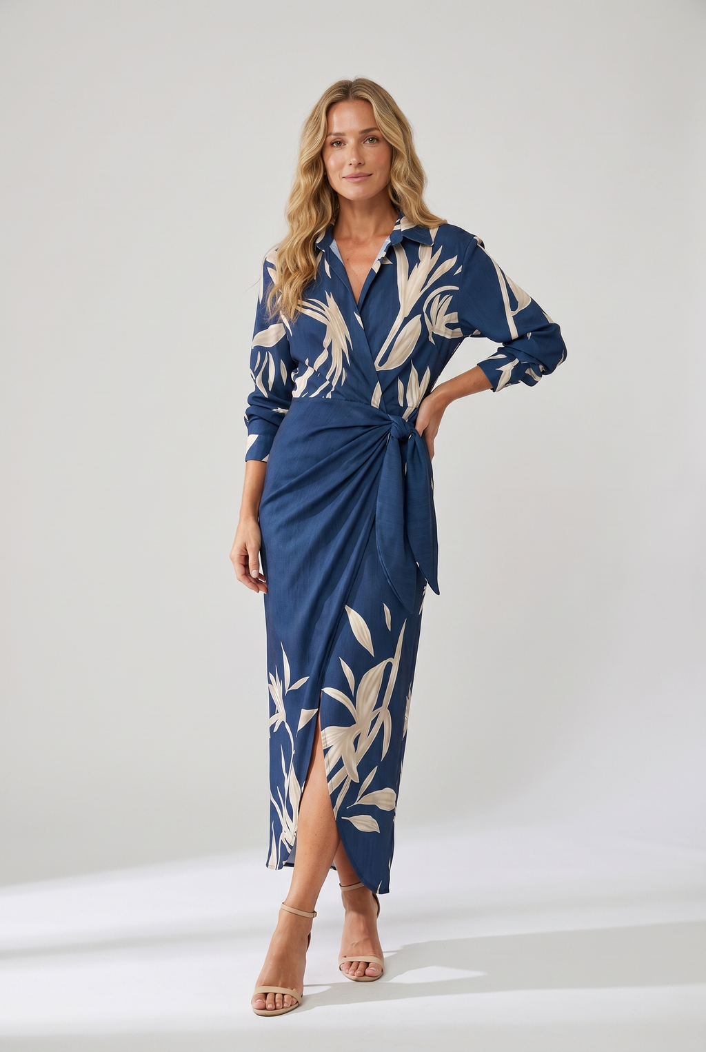Blue leaf-print maxi wrap dress with V-neck, long sleeves, tie waist