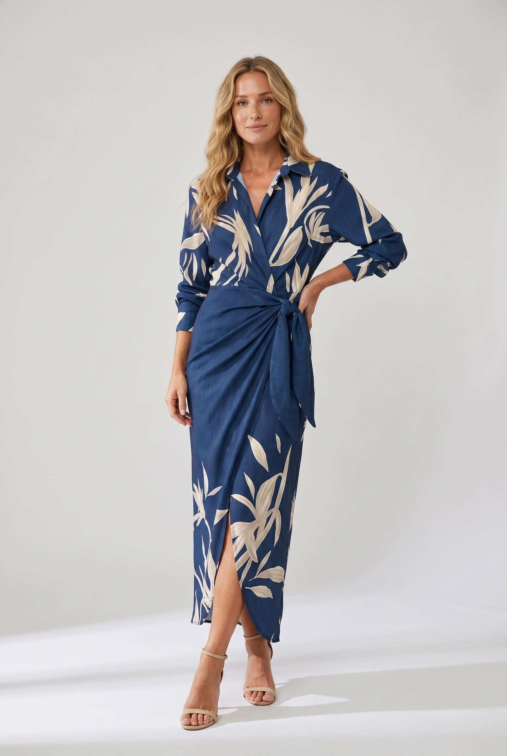 Blue leaf-print maxi wrap dress with V-neck, long sleeves, tie waist