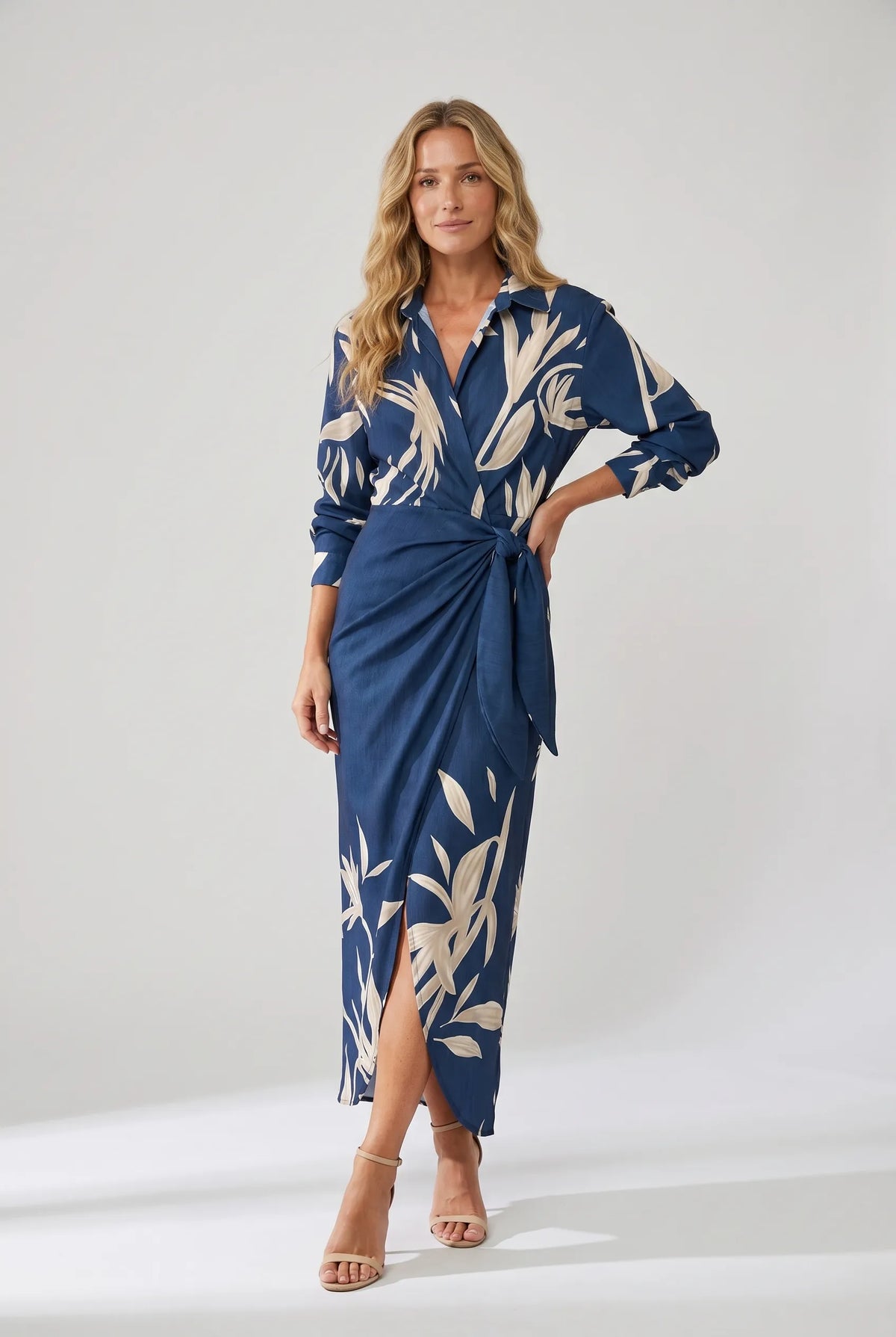 Blue wrap maxi dress with leaf print, long sleeves, V-neck, waist tie drape