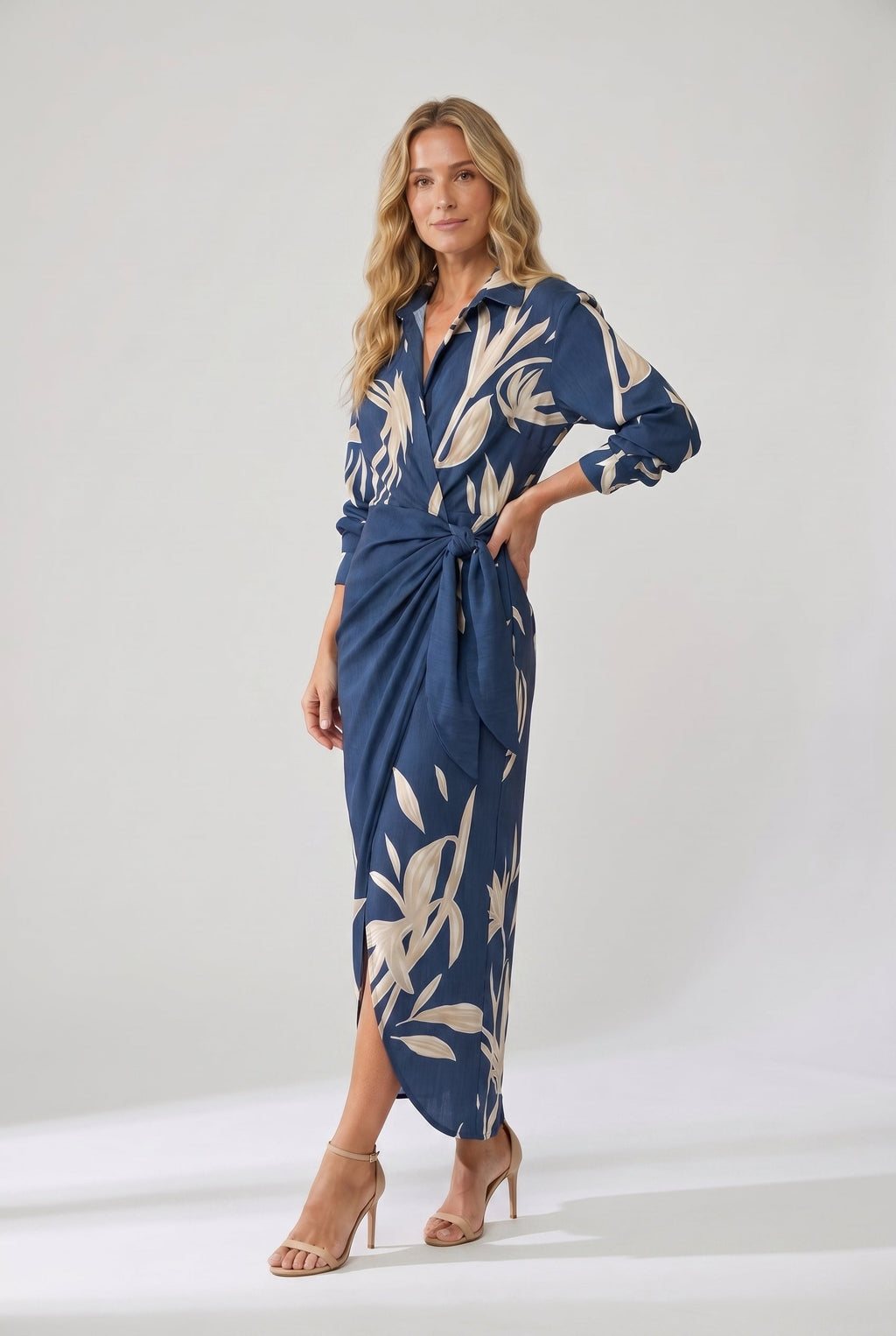 Blue leaf-print maxi wrap dress with V-neck, long sleeves, waist tie, side slit