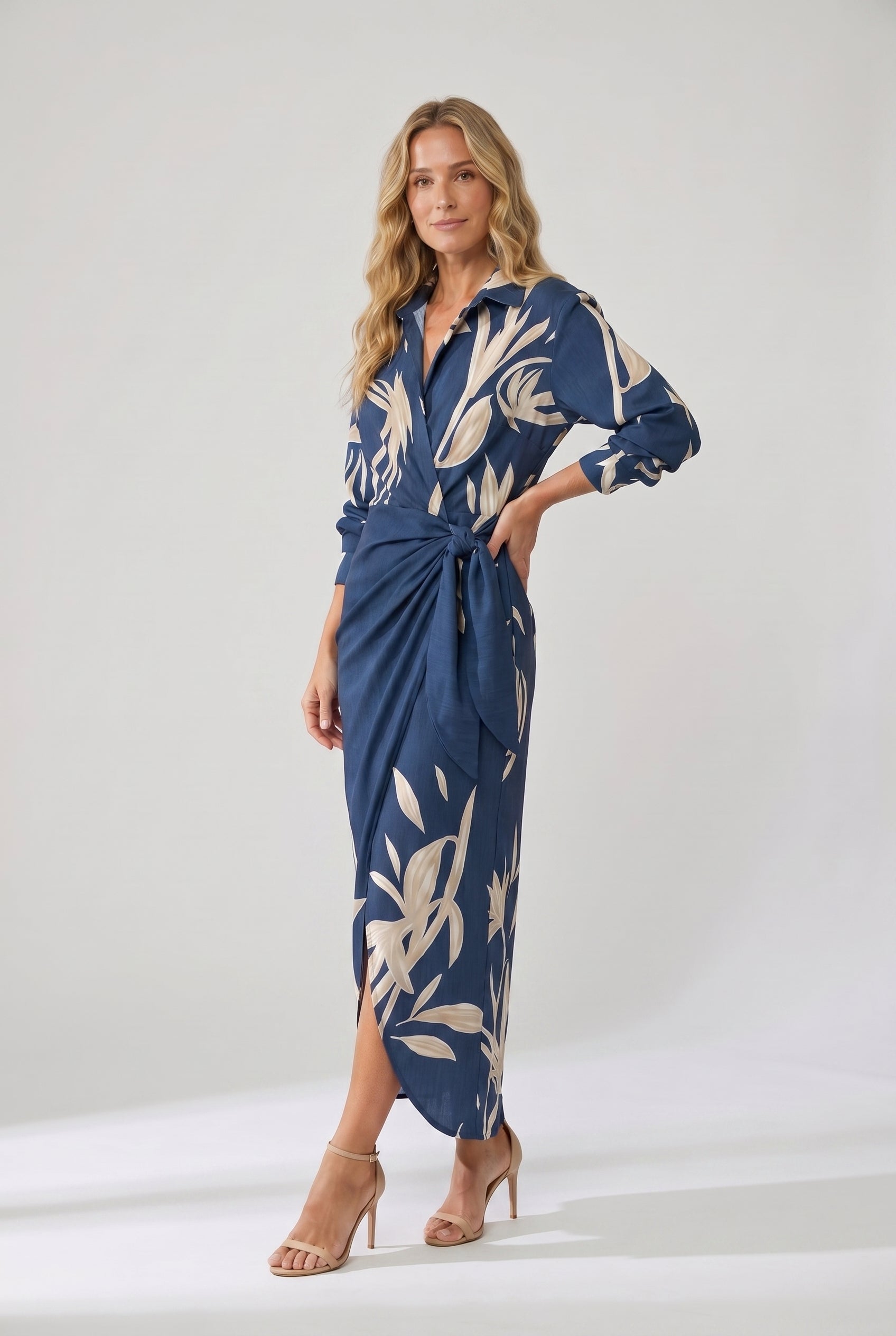 Blue leaf-print maxi wrap dress with V-neck, long sleeves, waist tie, side slit