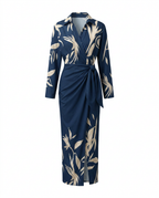 Navy leaf-print maxi wrap dress with V-neck, long sleeves, waist tie