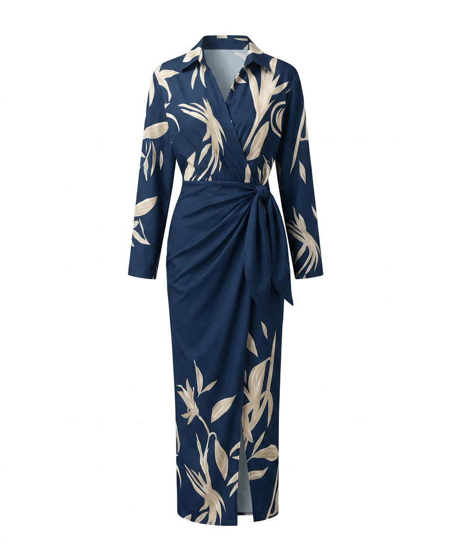 Navy leaf-print maxi wrap dress with V-neck, long sleeves, waist tie