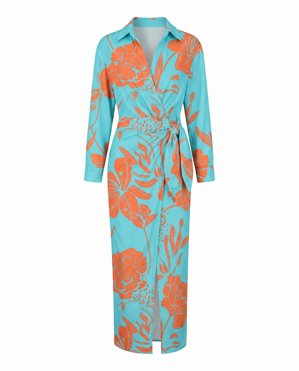 Teal and orange floral leaf-print maxi wrap dress, long sleeves, waist tie