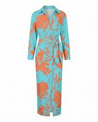 Teal and orange floral leaf-print maxi wrap dress, long sleeves, waist tie