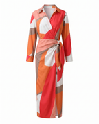 Multicolor geometric maxi wrap dress with V-neck, long sleeves, waist tie