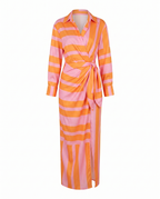 Pink and orange striped maxi wrap dress with V-neck, long sleeves, waist tie