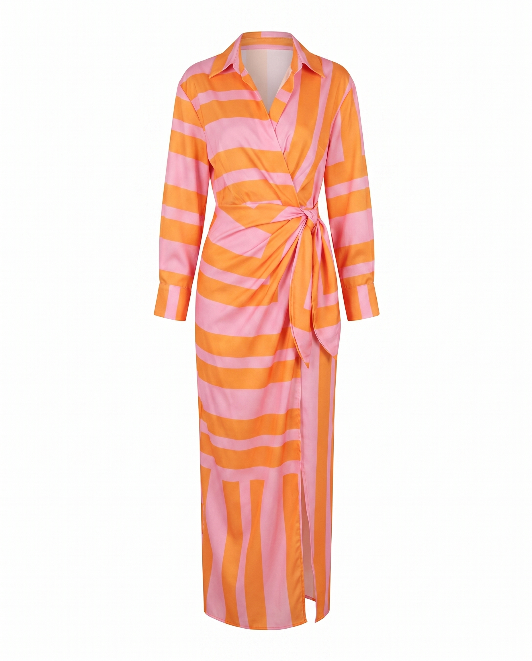 Pink and orange striped maxi wrap dress with V-neck, long sleeves, waist tie