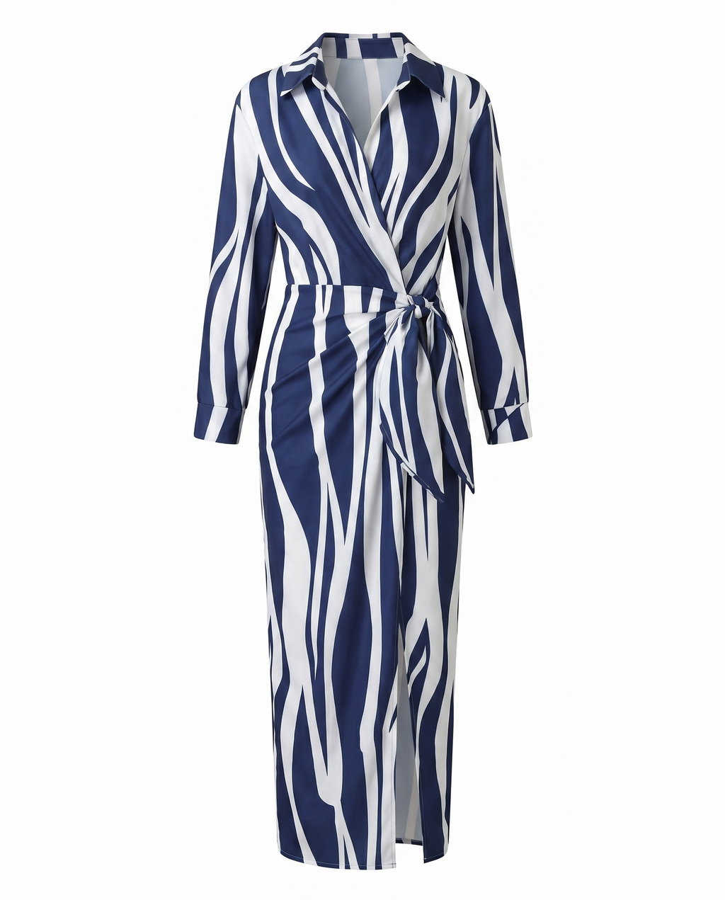 Navy and white abstract stripe maxi wrap dress with V-neck, long sleeves, waist tie
