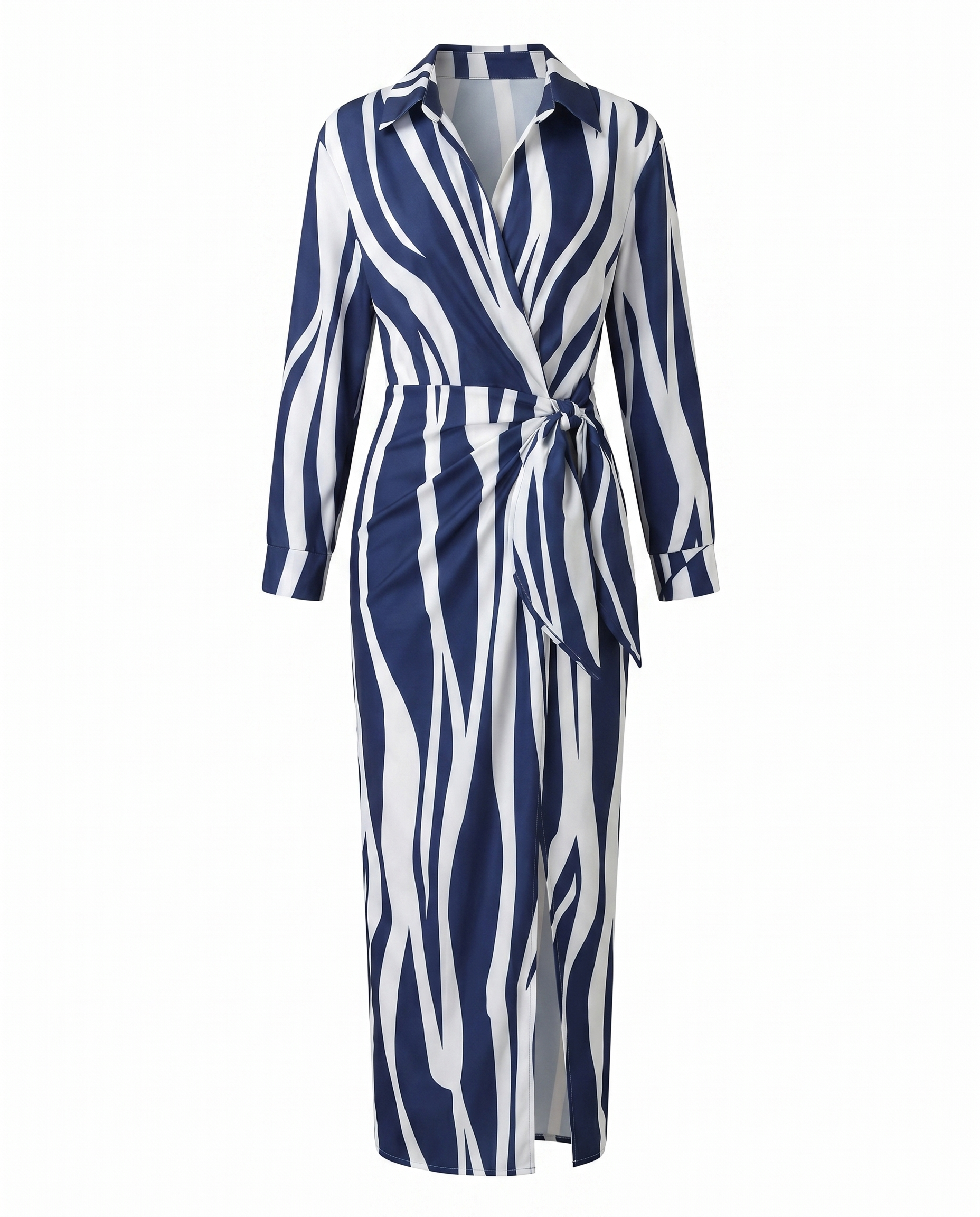 Navy and white abstract stripe maxi wrap dress with V-neck, long sleeves, waist tie
