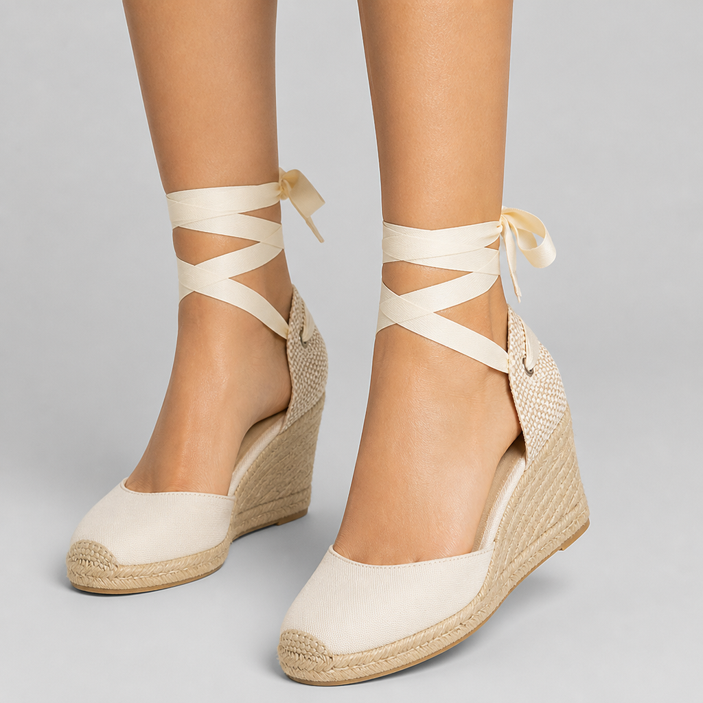 Cream wedge espadrille sandals with crisscross ankle tie and jute wedge sole.