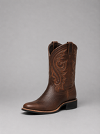 Brown leather cowboy boots with side embroidery and low block heel