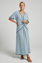 Blue maxi summer dress with V-neck twist-front knot and black trim