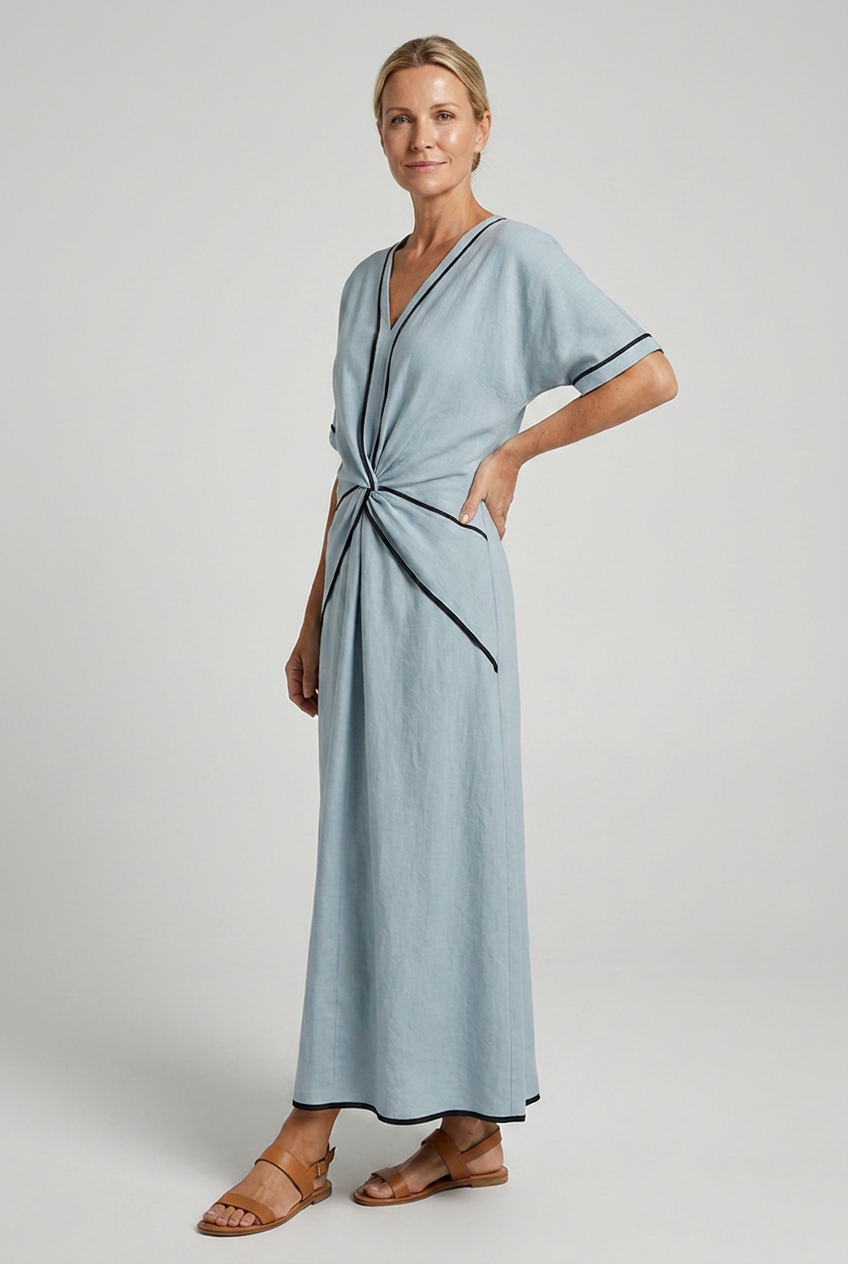 Blue maxi summer dress, side view with V-neck twist knot and black trim
