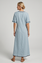 Blue maxi summer dress, back view with V-neck twist-front knot and black trim