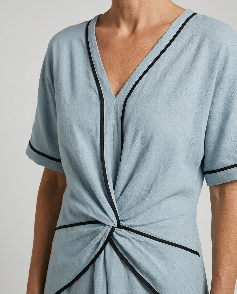 Blue V-neck summer dress close-up with twist-front knot and black trim