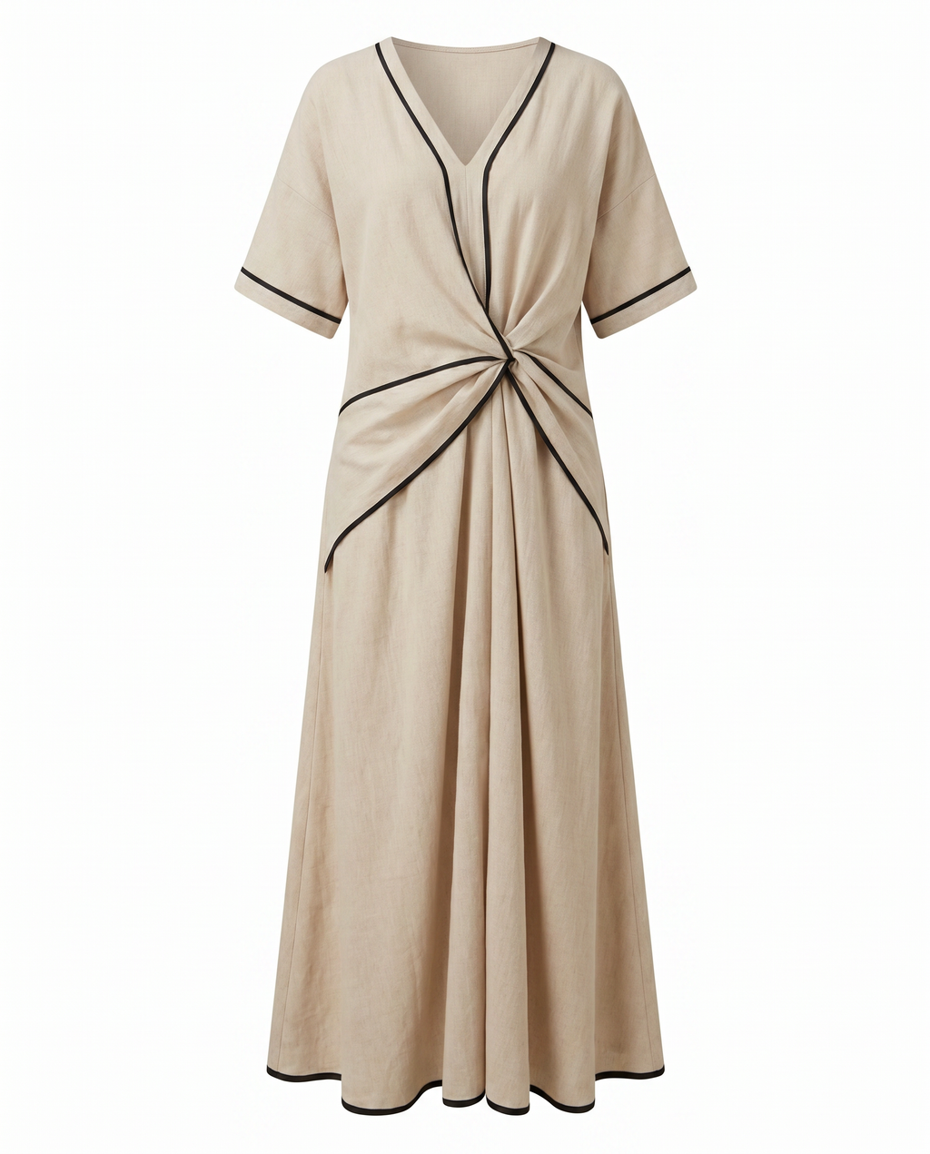 Beige maxi summer dress with V-neck twist-front knot and black trim