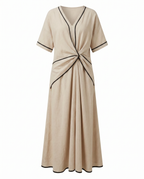 Beige maxi summer dress with V-neck twist-front knot and black trim