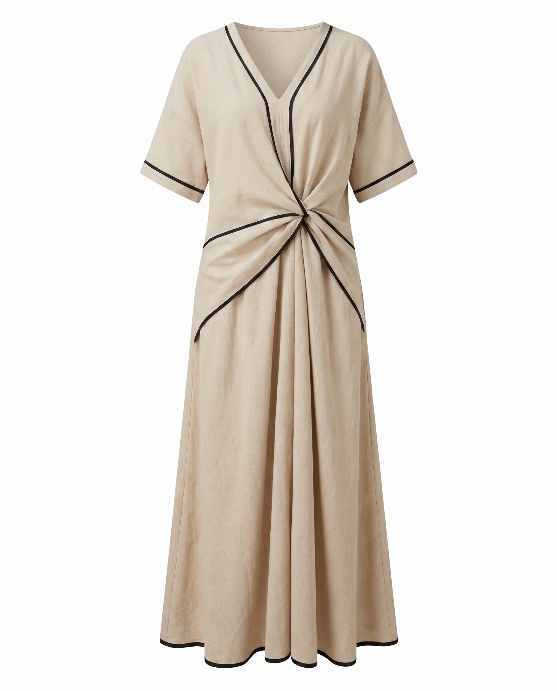 Beige maxi summer dress with V-neck twist-front knot and black trim