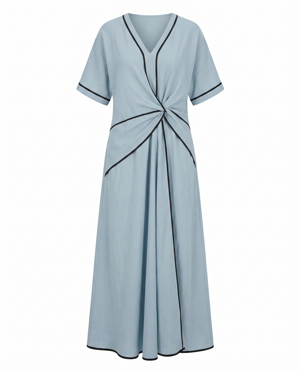 Blue maxi summer dress, front view with V-neck twist-front knot and black trim