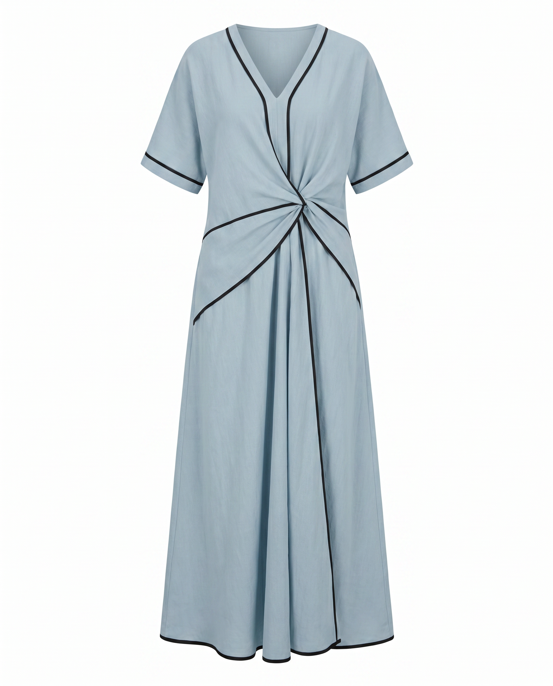 Blue maxi summer dress, front view with V-neck twist-front knot and black trim