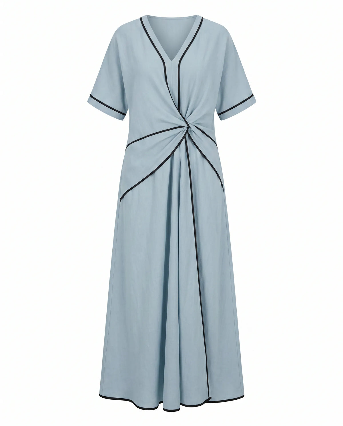 Women's twist-front maxi dress, blue, V-neck, short sleeves, front waist twist, black trim