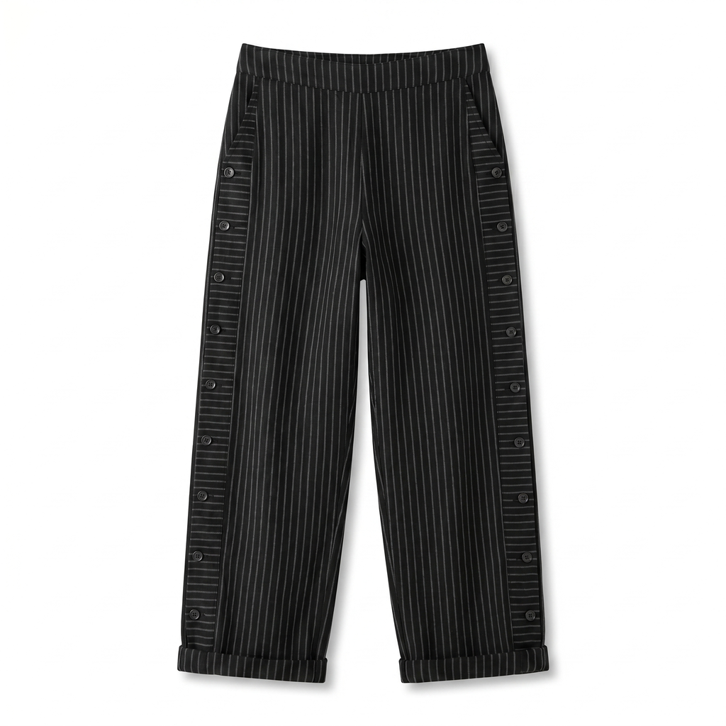 Women’s black striped trousers with button-trim side panels and relaxed cuffed hems