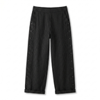 Women’s black striped trousers with button-trim side panels and relaxed cuffed hems