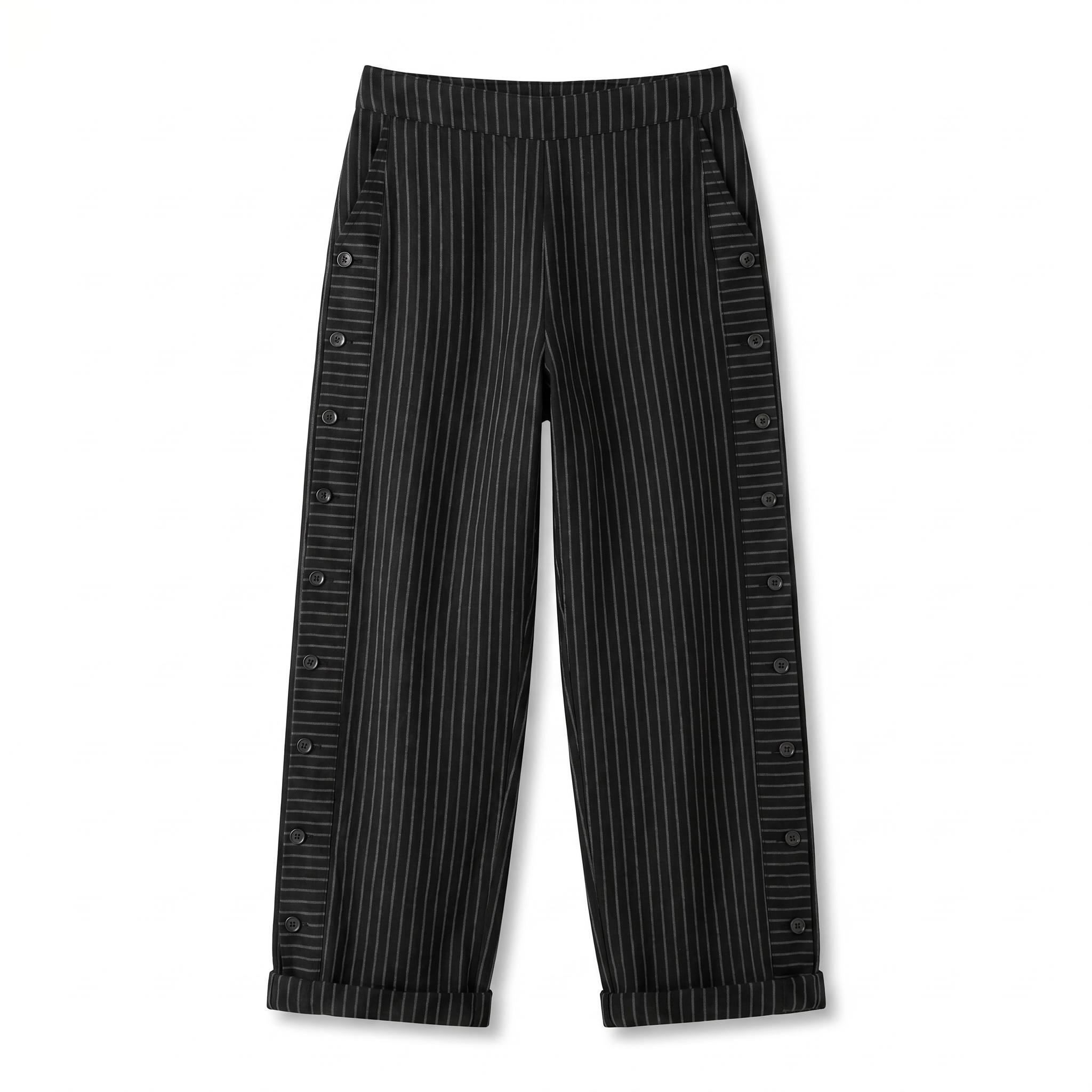 Women’s black striped trousers with button-trim side panels and relaxed cuffed hems
