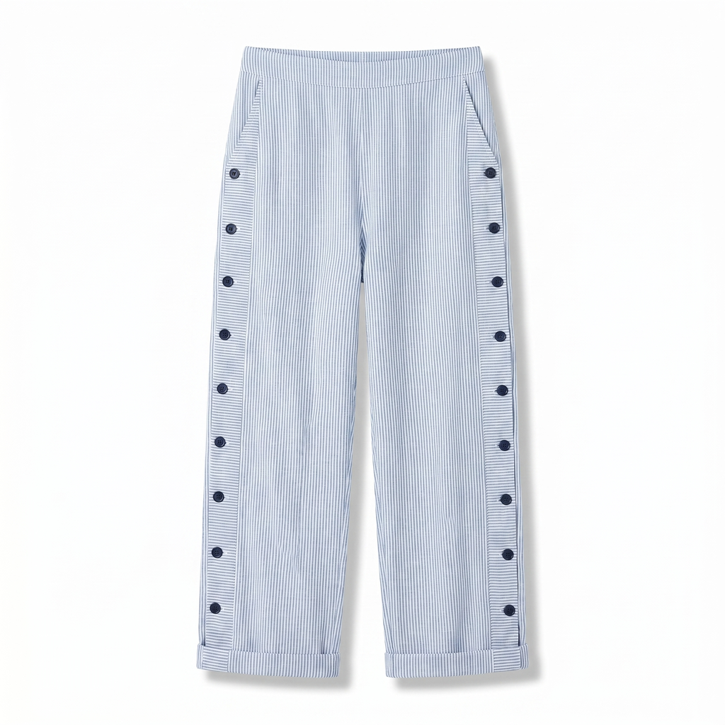 Women’s light blue striped trousers with button-trim panels along the sides