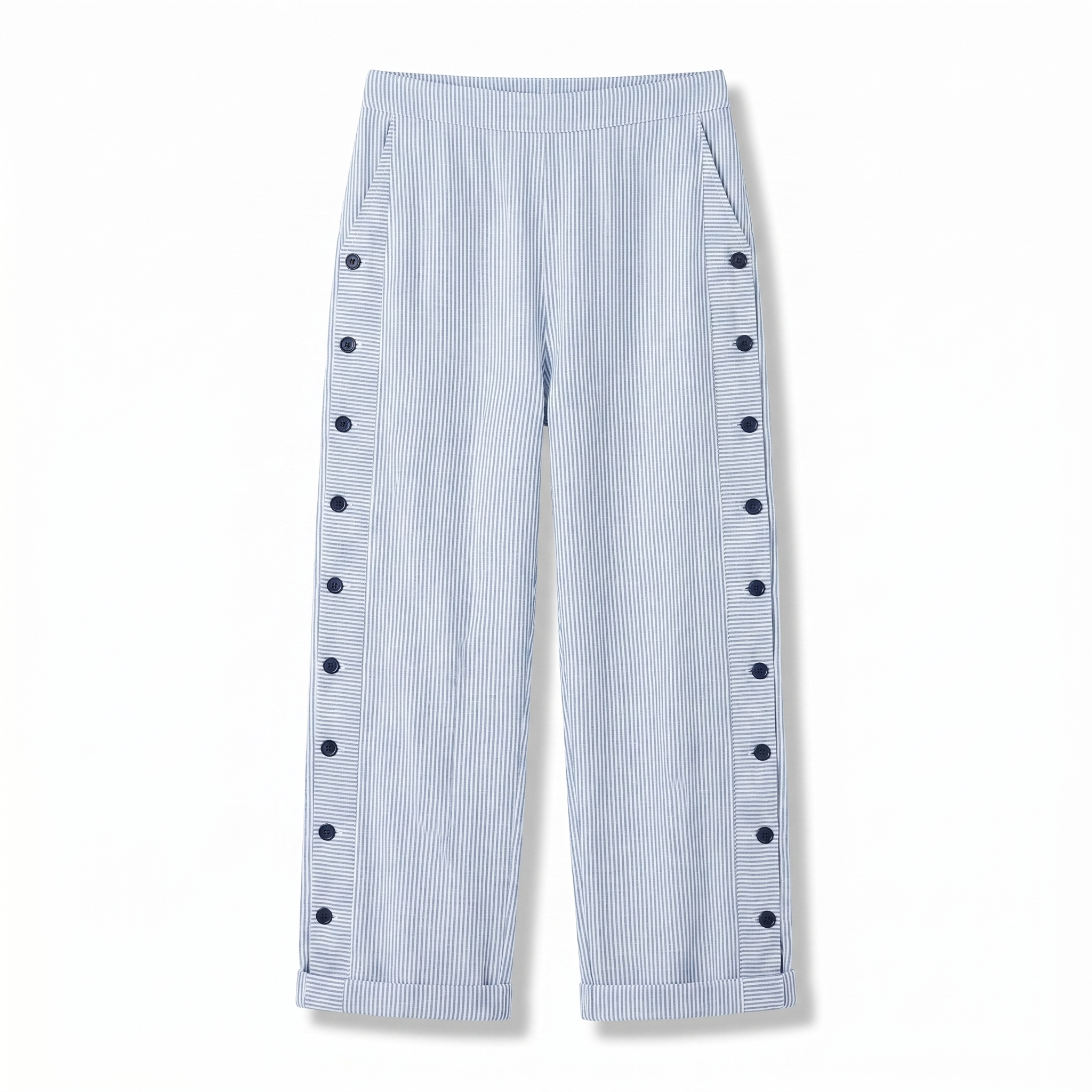 Women’s light blue striped trousers with button-trim panels along the sides